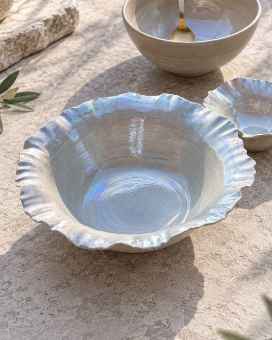 Pearly White Large Serving Bowl | Pearl Iridescent Glaze | Sculpted Design | Flower Shape | Dishwasher and Microwave-Safe