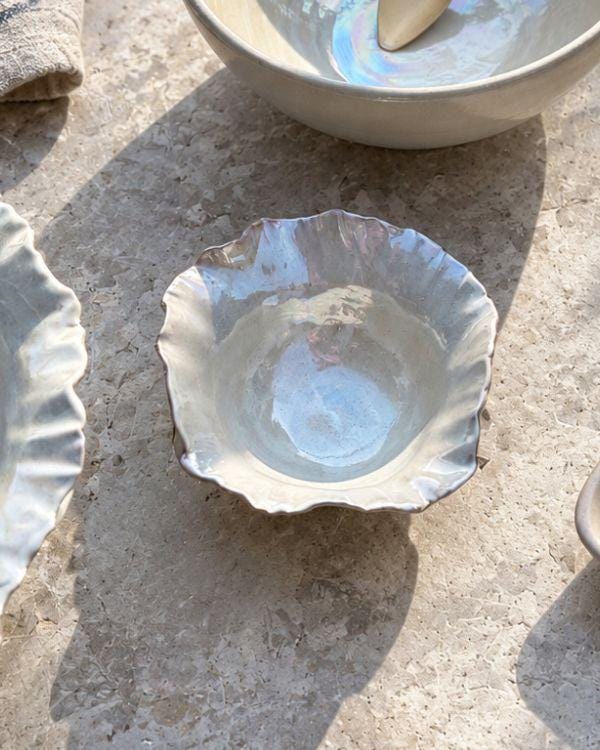 Pearly White Small Bowl | Pearl Iridescent Glaze | Sculpted Design | Flower Shape | Dishwasher and Microwave-Safe
