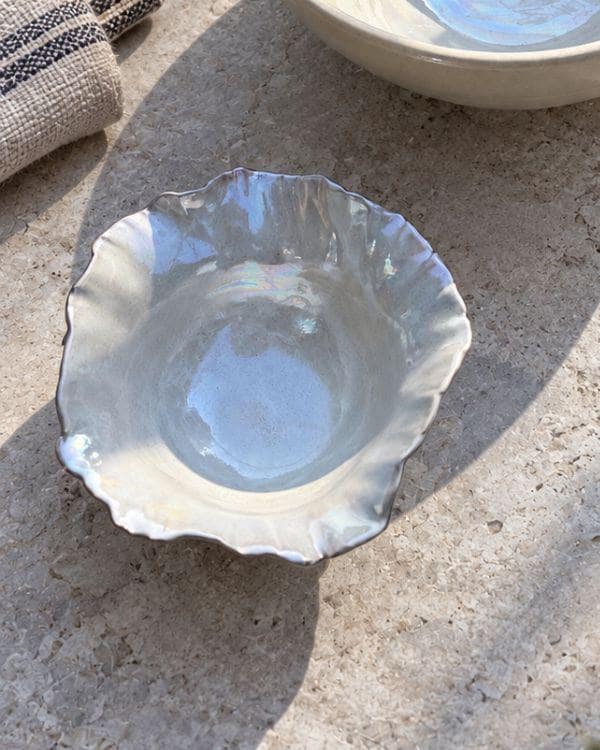 Pearly White Large Serving Bowl | Pearl Iridescent Glaze | Sculpted Design | Flower Shape | Dishwasher and Microwave-Safe