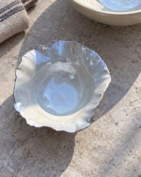 Pearly White Small Bowl | Pearl Iridescent Glaze | Sculpted Design | Flower Shape | Dishwasher and Microwave-Safe