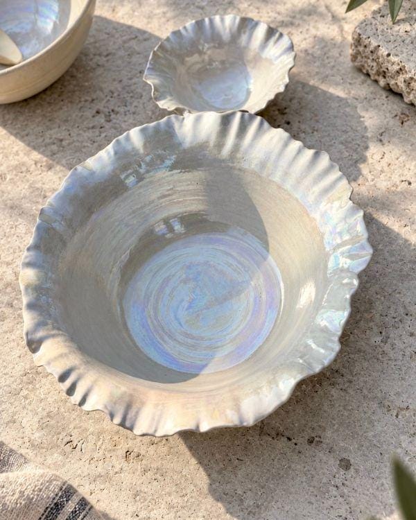 Pearly White Large Serving Bowl | Pearl Iridescent Glaze | Sculpted Design | Flower Shape | Dishwasher and Microwave-Safe