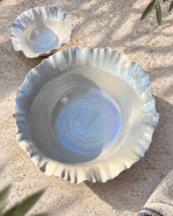 Pearly White Large Serving Bowl | Pearl Iridescent Glaze | Sculpted Design | Flower Shape | Dishwasher and Microwave-Safe