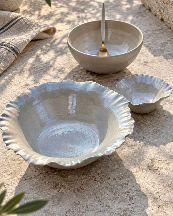 Pearly White Large Serving Bowl | Pearl Iridescent Glaze | Sculpted Design | Flower Shape | Dishwasher and Microwave-Safe