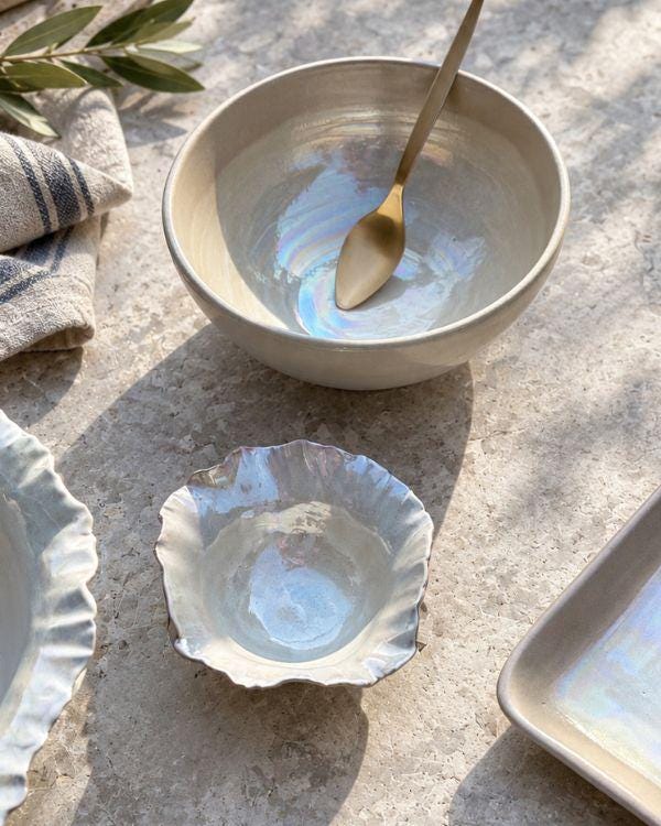 Pearly White Small Bowl | Pearl Iridescent Glaze | Sculpted Design | Flower Shape | Dishwasher and Microwave-Safe