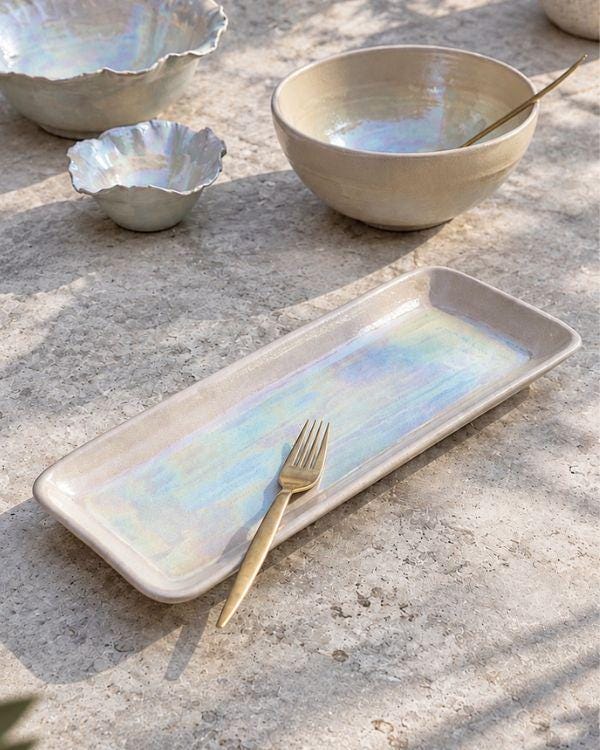 Pearly White Small Bowl | Pearl Iridescent Glaze | Sculpted Design | Flower Shape | Dishwasher and Microwave-Safe