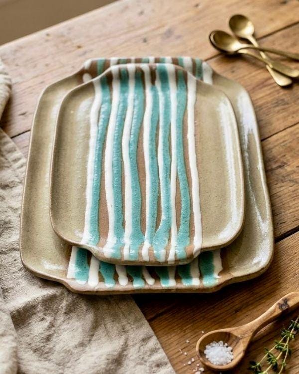 Handcrafted Coastal Ceramic Tray | Clay Tones | Turquoise, White Artwork | Boho Home Decor | Two Sizes