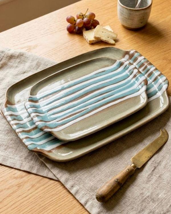 Handcrafted Coastal Ceramic Tray | Clay Tones | Turquoise, White Artwork | Boho Home Decor | Two Sizes
