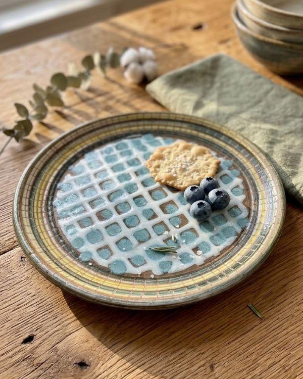 Turquoise & Lime Ceramic Serving Plate | Wall Decorative Plate | White and Earthy Artwork | Boho Home Decor