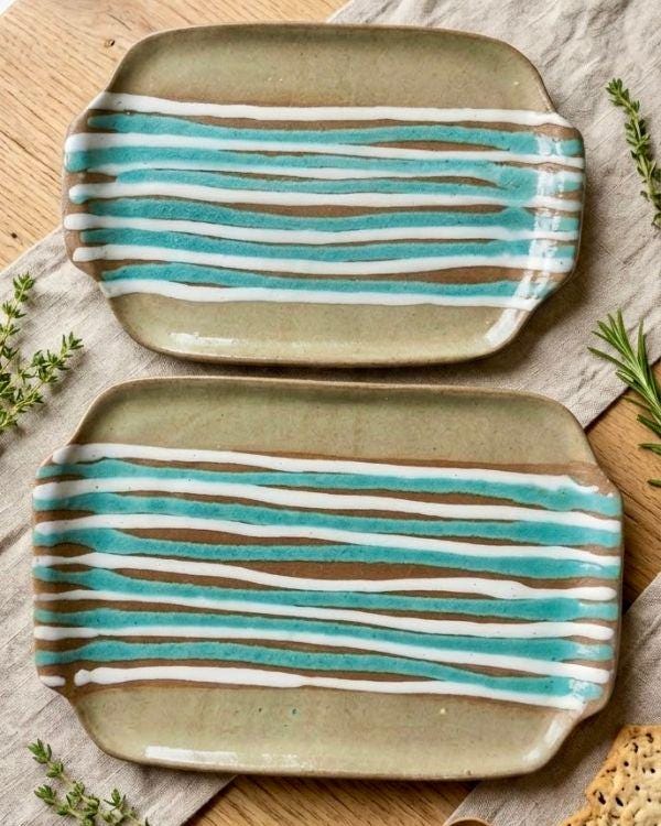 Handcrafted Coastal Ceramic Tray | Clay Tones | Turquoise, White Artwork | Boho Home Decor | Two Sizes
