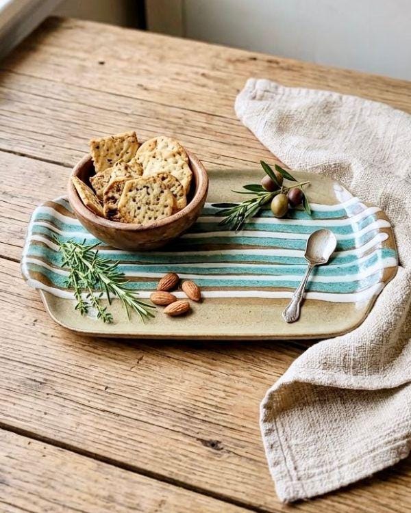 Handcrafted Coastal Ceramic Tray | Clay Tones | Turquoise, White Artwork | Boho Home Decor | Two Sizes