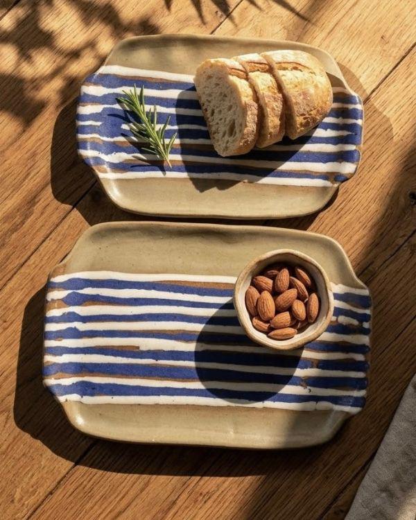 Handcrafted Earthy & Navy Ceramic Tray | Clay Tones | Blue, White Artwork | Boho Home Decor | Two Sizes