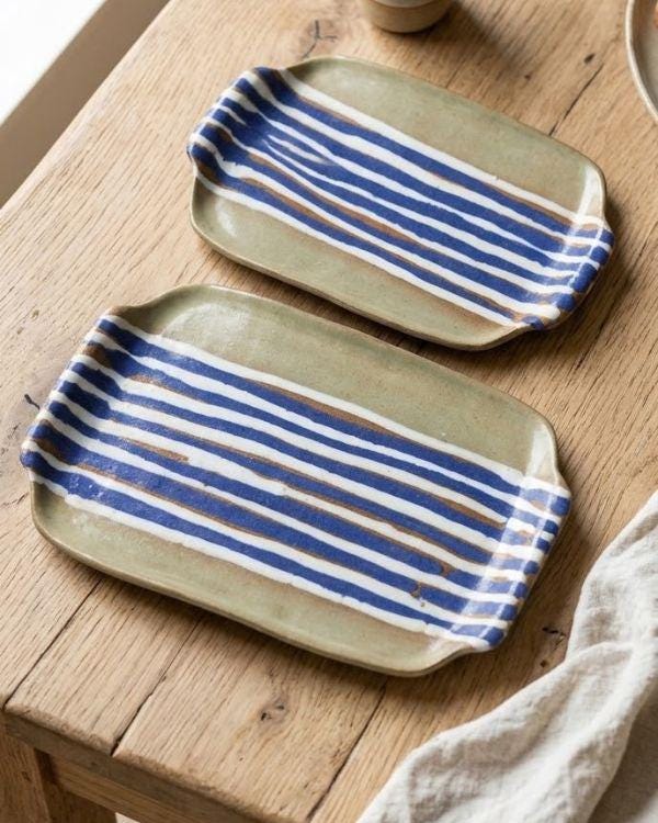 Handcrafted Earthy & Navy Ceramic Tray | Clay Tones | Blue, White Artwork | Boho Home Decor | Two Sizes