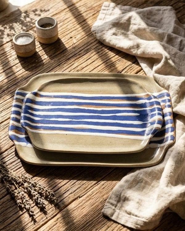 Handcrafted Earthy & Navy Ceramic Tray | Clay Tones | Blue, White Artwork | Boho Home Decor | Two Sizes
