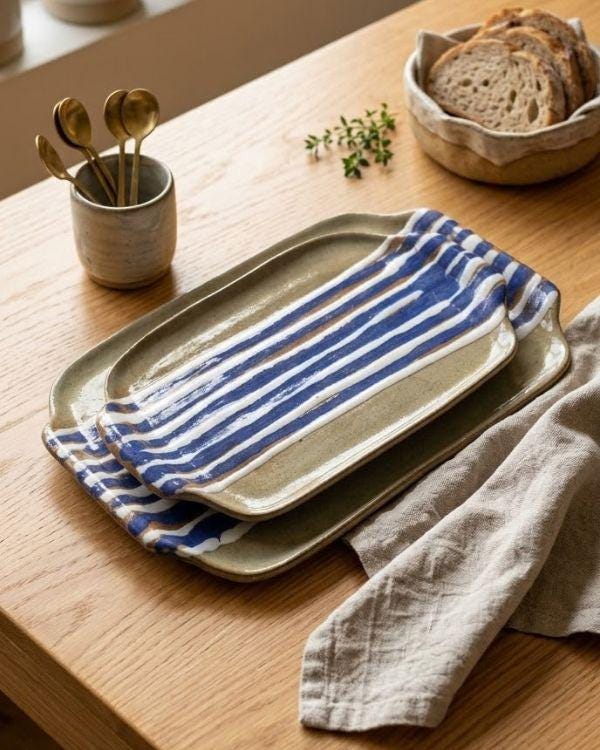 Handcrafted Earthy & Navy Ceramic Tray | Clay Tones | Blue, White Artwork | Boho Home Decor | Two Sizes