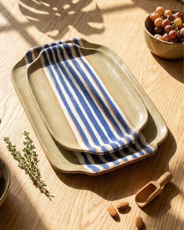 Handcrafted Earthy & Navy Ceramic Tray | Clay Tones | Blue, White Artwork | Boho Home Decor | Two Sizes