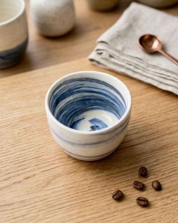 Lightweight Ceramic Cortado Cup 4 oz / 120 ml, Blue & White Swirl Pottery, Handleless Double Espresso Coffee Cup - Handmade