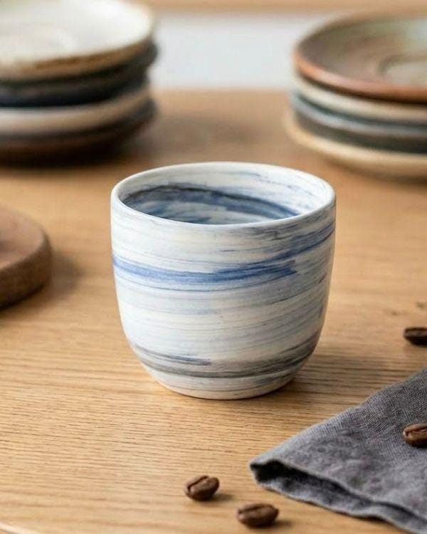 Lightweight Ceramic Cortado Cup 4 oz / 120 ml, Blue & White Swirl Pottery, Handleless Double Espresso Coffee Cup - Handmade
