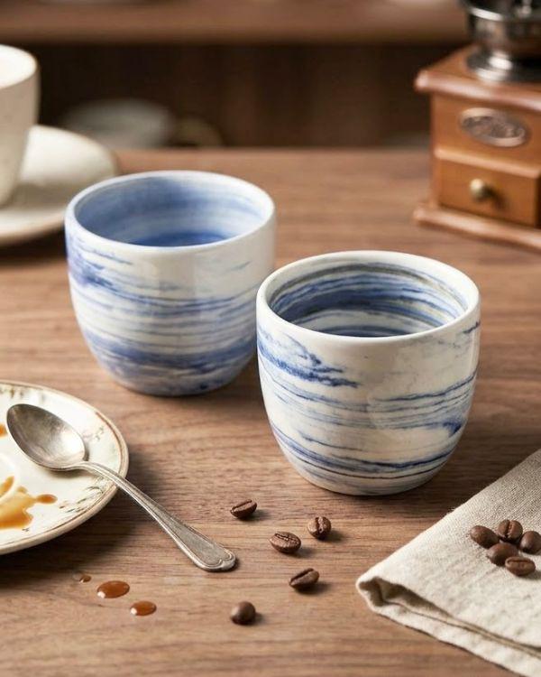Lightweight Ceramic Cortado Cup 4 oz / 120 ml, Blue & White Swirl Pottery, Handleless Double Espresso Coffee Cup - Handmade