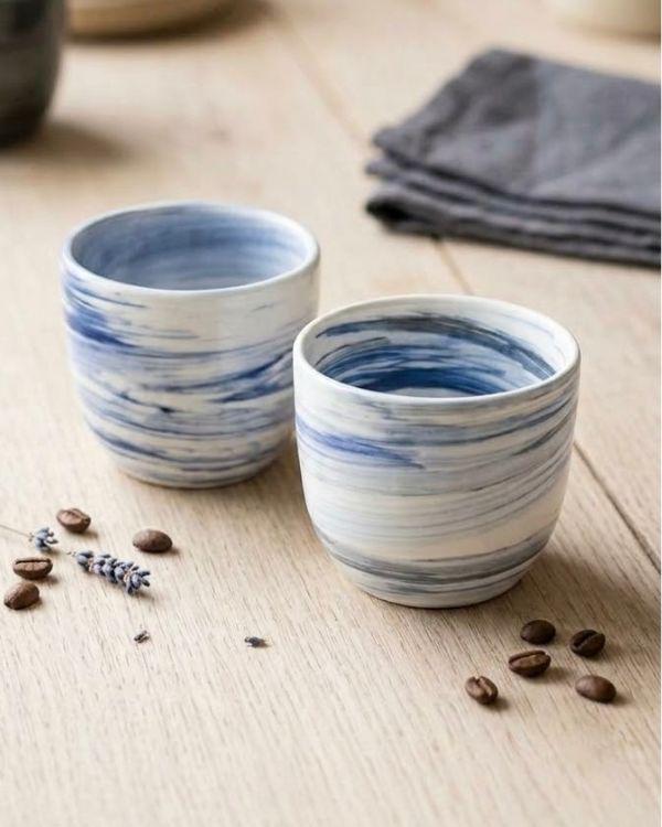 Lightweight Ceramic Cortado Cup 4 oz / 120 ml, Blue & White Swirl Pottery, Handleless Double Espresso Coffee Cup - Handmade