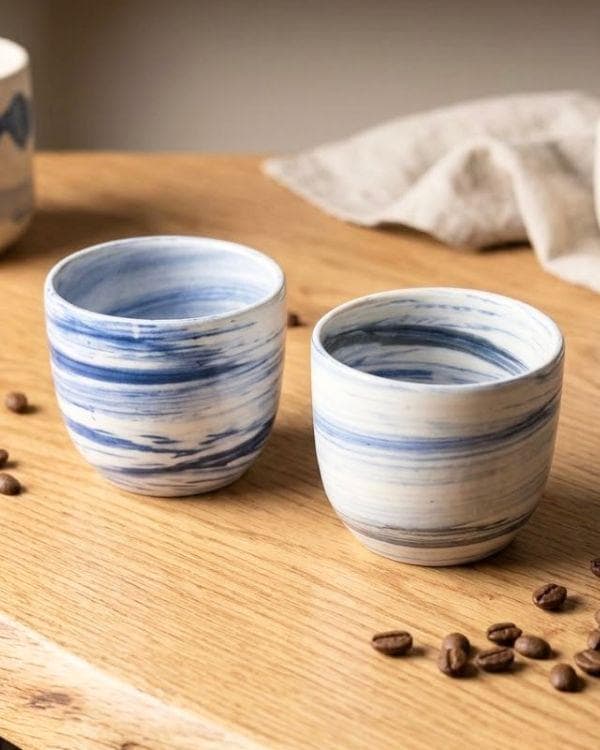 Lightweight Ceramic Cortado Cup 4 oz / 120 ml, Blue & White Swirl Pottery, Handleless Double Espresso Coffee Cup - Handmade