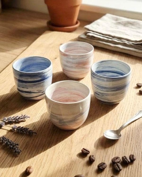 Terracotta & Blue Swirl Pottery, Handmade Lightweight Ceramic Cortado Cup 4 oz / 120 ml, Handleless Double Espresso Coffee Cup
