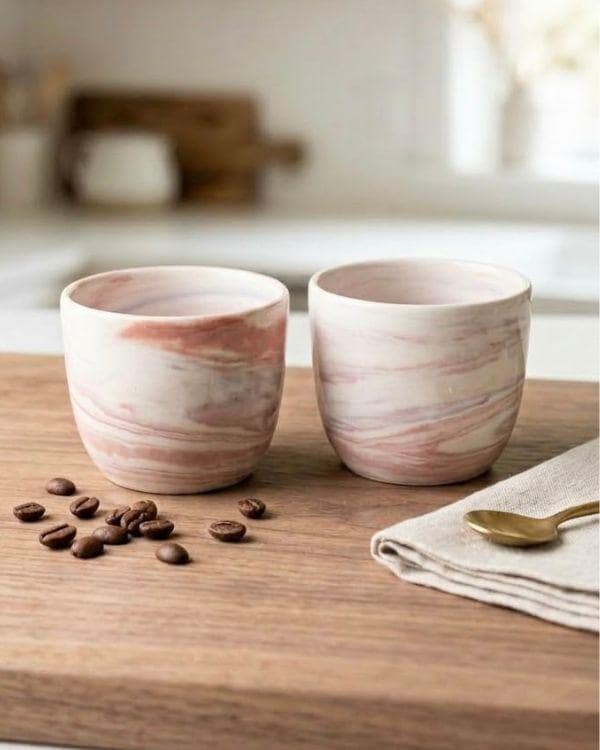 Terracotta & Blue Swirl Pottery, Handmade Lightweight Ceramic Cortado Cup 4 oz / 120 ml, Handleless Double Espresso Coffee Cup