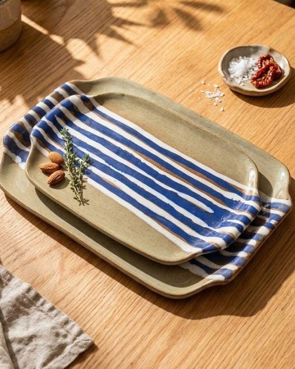 Handcrafted Earthy & Navy Ceramic Tray | Clay Tones | Blue, White Artwork | Boho Home Decor | Two Sizes