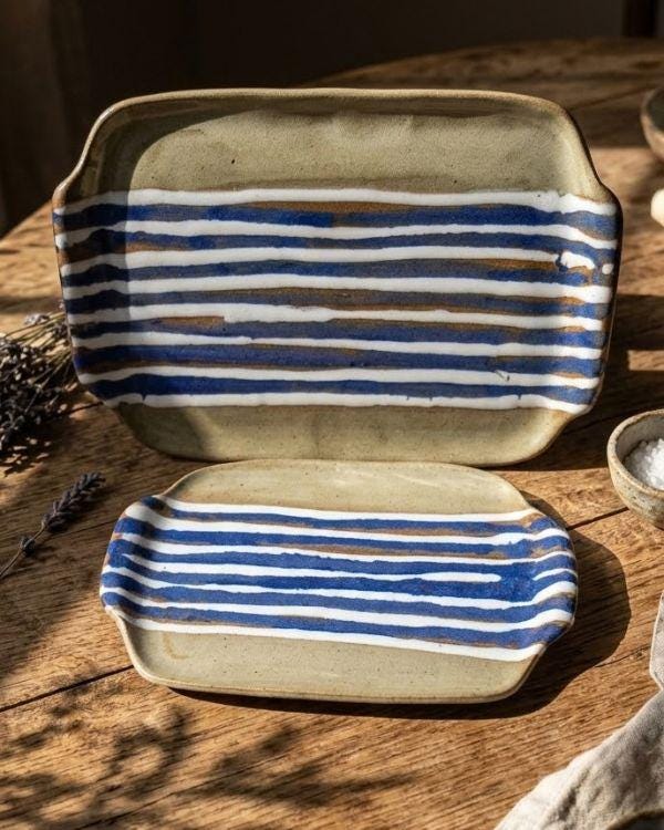 Handcrafted Earthy & Navy Ceramic Tray | Clay Tones | Blue, White Artwork | Boho Home Decor | Two Sizes