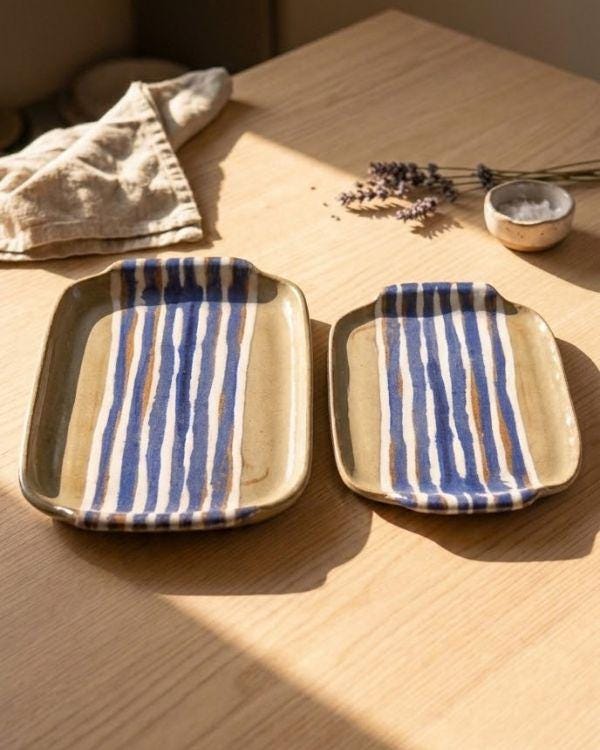 Handcrafted Earthy & Navy Ceramic Tray | Clay Tones | Blue, White Artwork | Boho Home Decor | Two Sizes