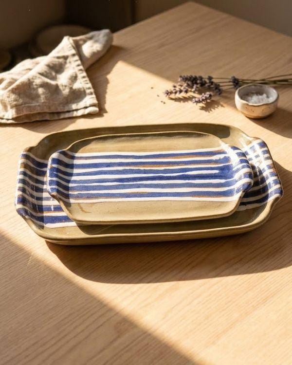 Handcrafted Earthy & Navy Ceramic Tray | Clay Tones | Blue, White Artwork | Boho Home Decor | Two Sizes