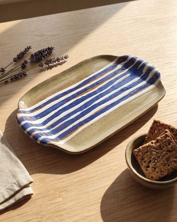 Handcrafted Earthy & Navy Ceramic Tray | Clay Tones | Blue, White Artwork | Boho Home Decor | Two Sizes