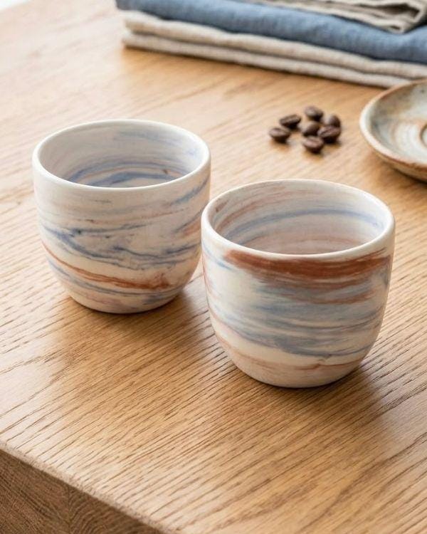 Terracotta & Blue Swirl Pottery, Handmade Lightweight Ceramic Cortado Cup 4 oz / 120 ml, Handleless Double Espresso Coffee Cup