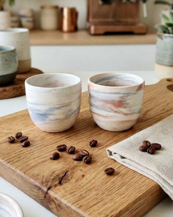 Terracotta & Blue Swirl Pottery, Handmade Lightweight Ceramic Cortado Cup 4 oz / 120 ml, Handleless Double Espresso Coffee Cup