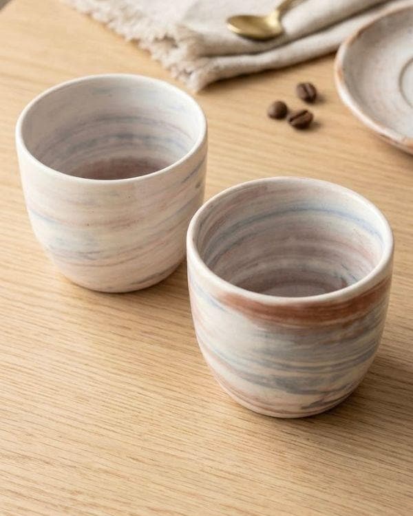 Terracotta & Blue Swirl Pottery, Handmade Lightweight Ceramic Cortado Cup 4 oz / 120 ml, Handleless Double Espresso Coffee Cup