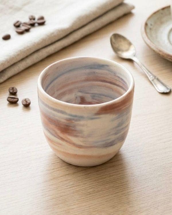 Terracotta & Blue Swirl Pottery, Handmade Lightweight Ceramic Cortado Cup 4 oz / 120 ml, Handleless Double Espresso Coffee Cup