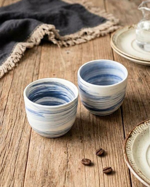 Lightweight Ceramic Cortado Cup 4 oz / 120 ml, Blue & White Swirl Pottery, Handleless Double Espresso Coffee Cup - Handmade