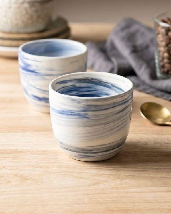 Lightweight Ceramic Cortado Cup 4 oz / 120 ml, Blue & White Swirl Pottery, Handleless Double Espresso Coffee Cup - Handmade