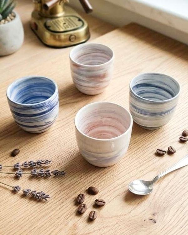 Lightweight Ceramic Cortado Cup 4 oz / 120 ml, Blue & White Swirl Pottery, Handleless Double Espresso Coffee Cup - Handmade