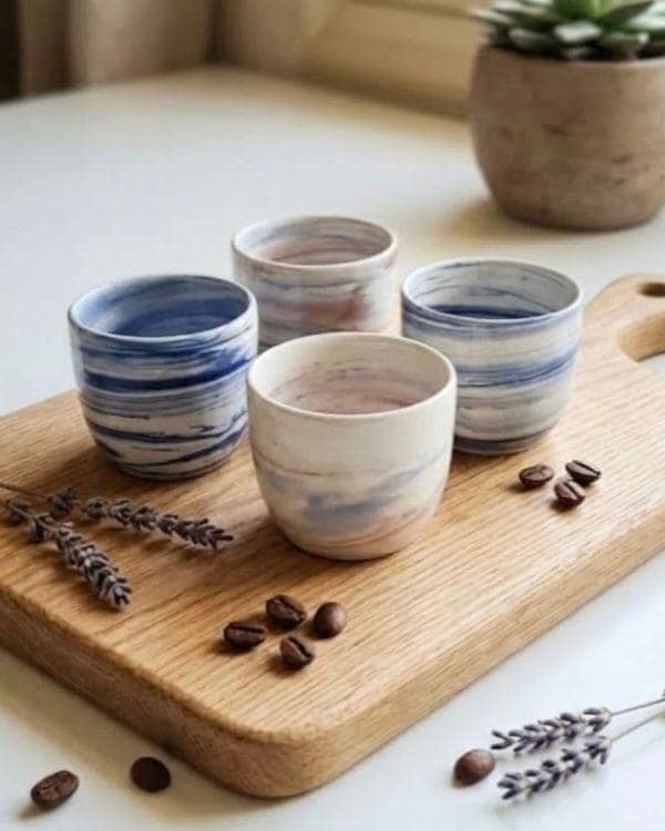 Lightweight Ceramic Cortado Cup 4 oz / 120 ml, Blue & White Swirl Pottery, Handleless Double Espresso Coffee Cup - Handmade