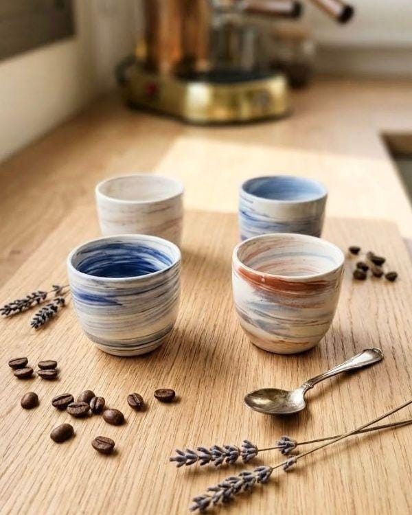 Lightweight Ceramic Cortado Cup 4 oz / 120 ml, Blue & White Swirl Pottery, Handleless Double Espresso Coffee Cup - Handmade