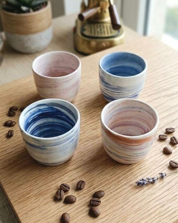 Lightweight Ceramic Cortado Cup 4 oz / 120 ml, Blue & White Swirl Pottery, Handleless Double Espresso Coffee Cup - Handmade
