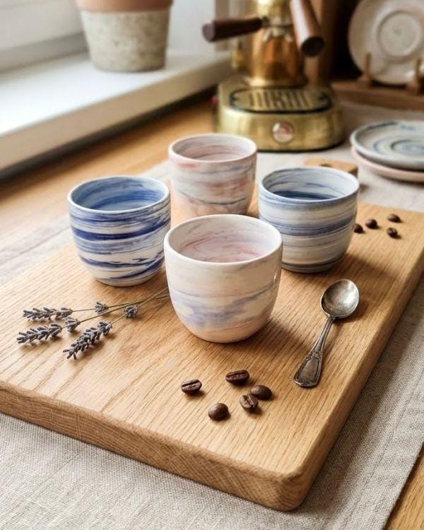 Terracotta & Blue Swirl Pottery, Handmade Lightweight Ceramic Cortado Cup 4 oz / 120 ml, Handleless Double Espresso Coffee Cup