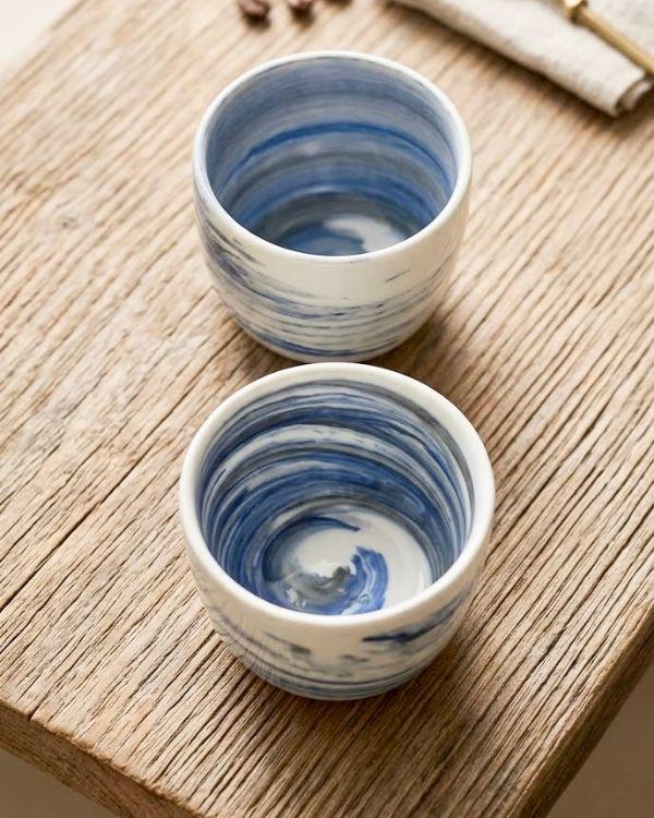 Lightweight Ceramic Cortado Cup 4 oz / 120 ml, Blue & White Swirl Pottery, Handleless Double Espresso Coffee Cup - Handmade