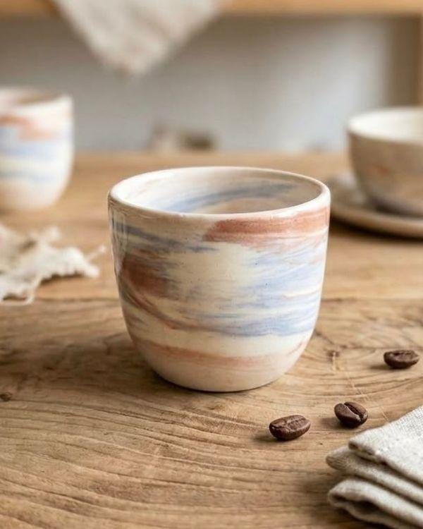 Terracotta & Blue Swirl Pottery, Handmade Lightweight Ceramic Cortado Cup 4 oz / 120 ml, Handleless Double Espresso Coffee Cup