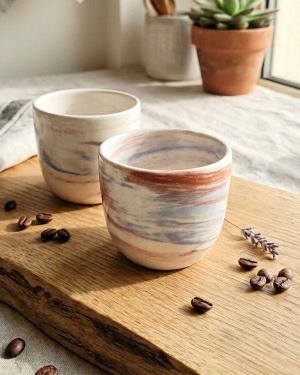 Terracotta & Blue Swirl Pottery, Handmade Lightweight Ceramic Cortado Cup 4 oz / 120 ml, Handleless Double Espresso Coffee Cup