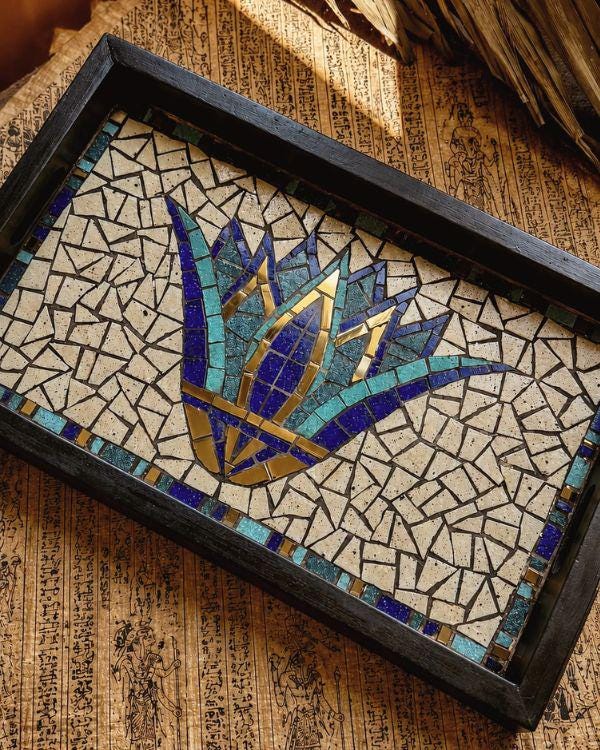 Lotus handmade blue and gold mosaic serving tray