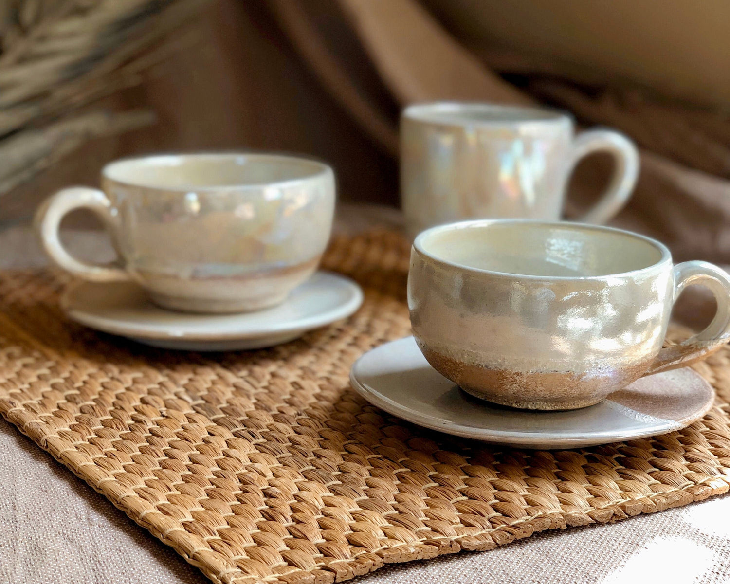 2-Cup & Saucer Set | Beige, Cream, Pearly Iridescent and Rustic Glazing | Cappuccino/Lattee/Coffee Cup