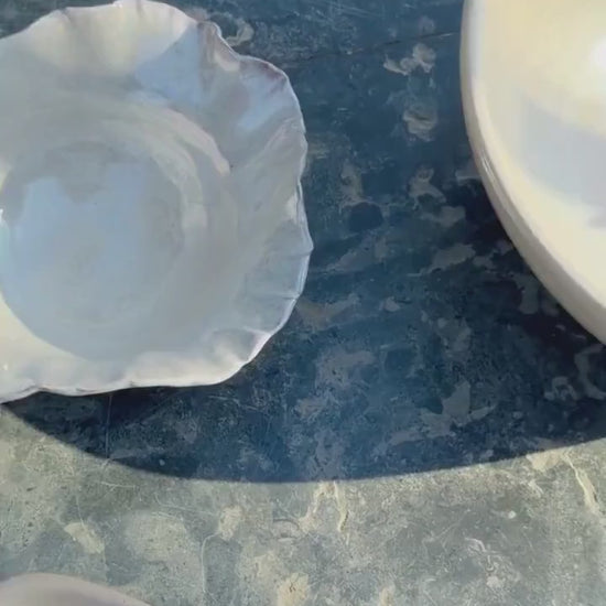 Pearly White Large Serving Bowl | Pearl Iridescent Glaze | Sculpted Design | Flower Shape | Dishwasher and Microwave-Safe