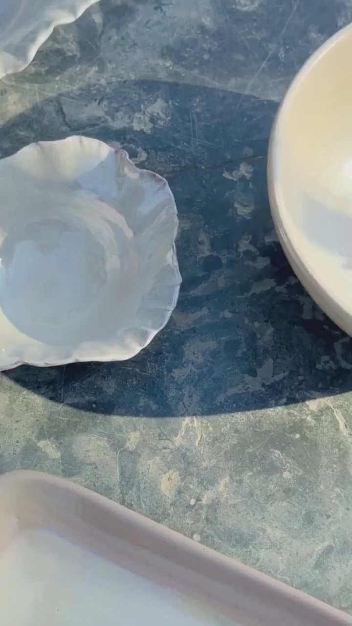Pearly White Large Serving Bowl | Pearl Iridescent Glaze | Sculpted Design | Flower Shape | Dishwasher and Microwave-Safe