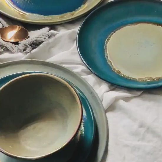 Blue Medium Plate | with Green & Gold Art | For Desserts and Salads | Glossy, Rustic, and Metallic Finish | Artisanal Handmade Dinner Set